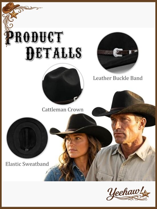 Adjustable Felt Cowboy Hat with Wide Brim for Women and Men main image 4
